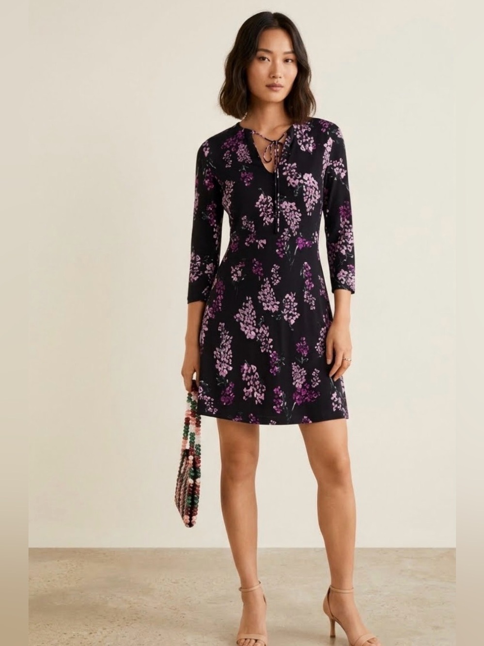 Mango : Casual Elegance Black & Purple Floral Tie-Neck Short Dress 👗